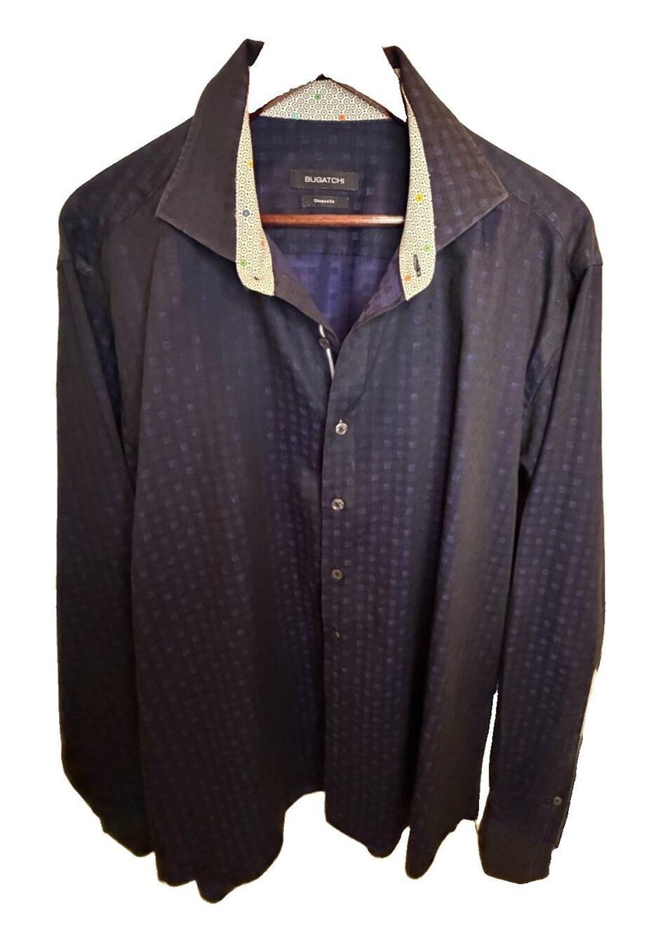 Bugatchi Men’s Shaped Fit Navy Tonal Print Button Down Shirt Long Sleeve